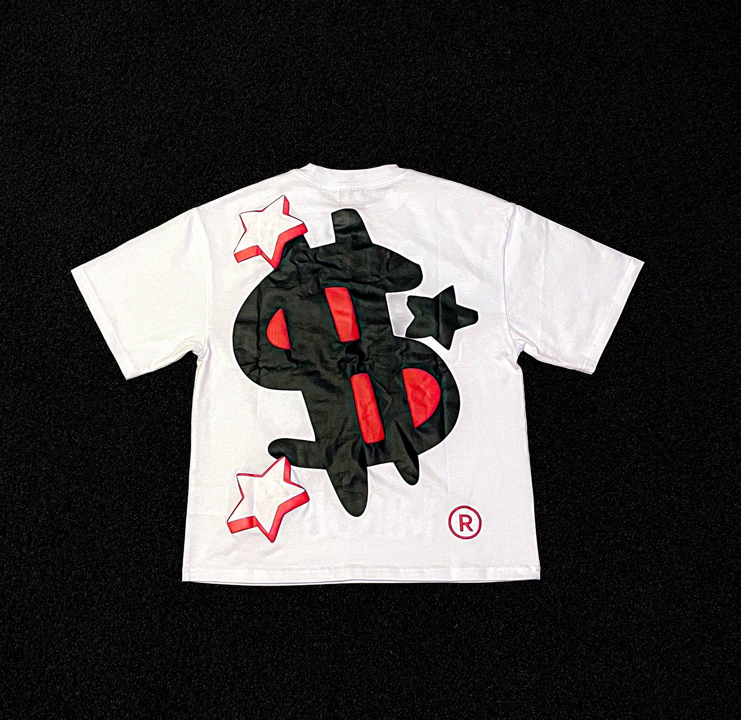 White t-shirt with black and red graphic design on a black background